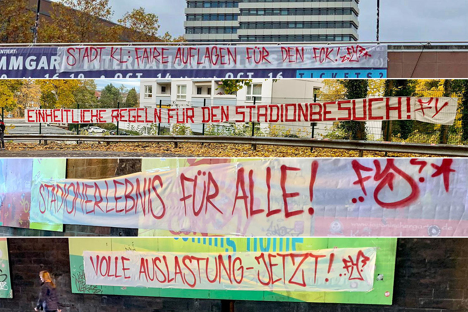 Spruchbänder in der Stadt, vor dem Rathaus und auf dem Weg zum Stadion