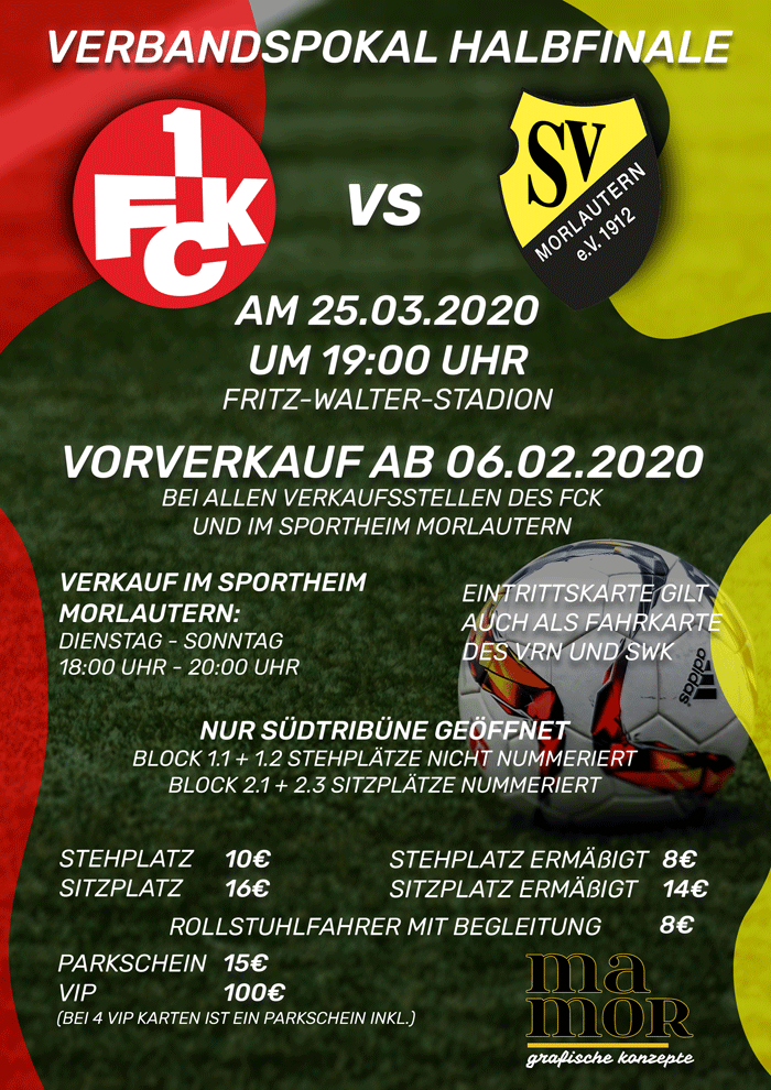 Ankündigungsplakat: 1. FC Kaiserslautern gegen SV Morlautern am 25. März 2020 um 19:00 Uhr