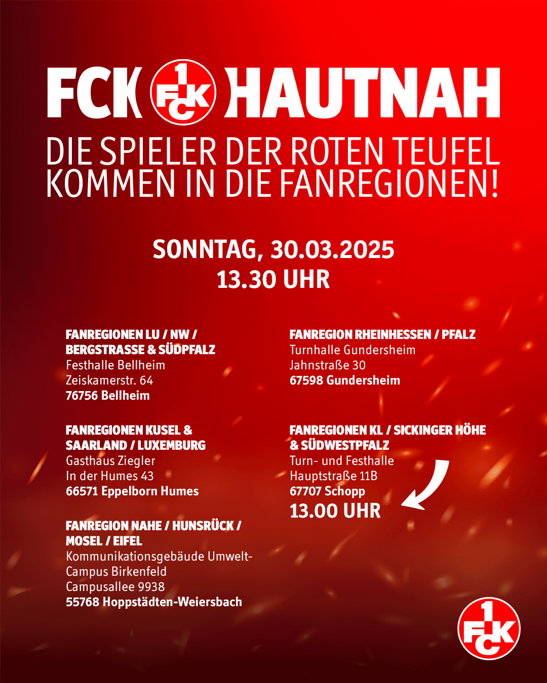 Ankündigungsplakat und Veranstaltungsorte: FCK Hautnah am 30. März 2025